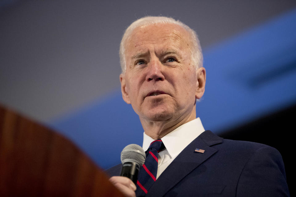 Democratic presidential candidate former Vice President Joe Biden speaks at the Iowa State Education Association Candidate Forum at the Sheraton West Des Moines Hotel, Saturday, Jan. 18, 2020, in West Des Moines, Iowa. (AP Photo/Andrew Harnik)