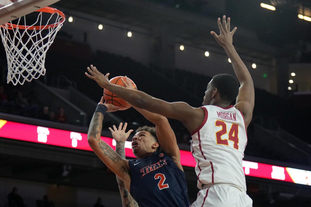Former Cal State Fullerton guard Max Jones (2) has committed to Kansas State for his final season of eligibility. Jones is the fifth player to join the Wildcats through the transfer portal.