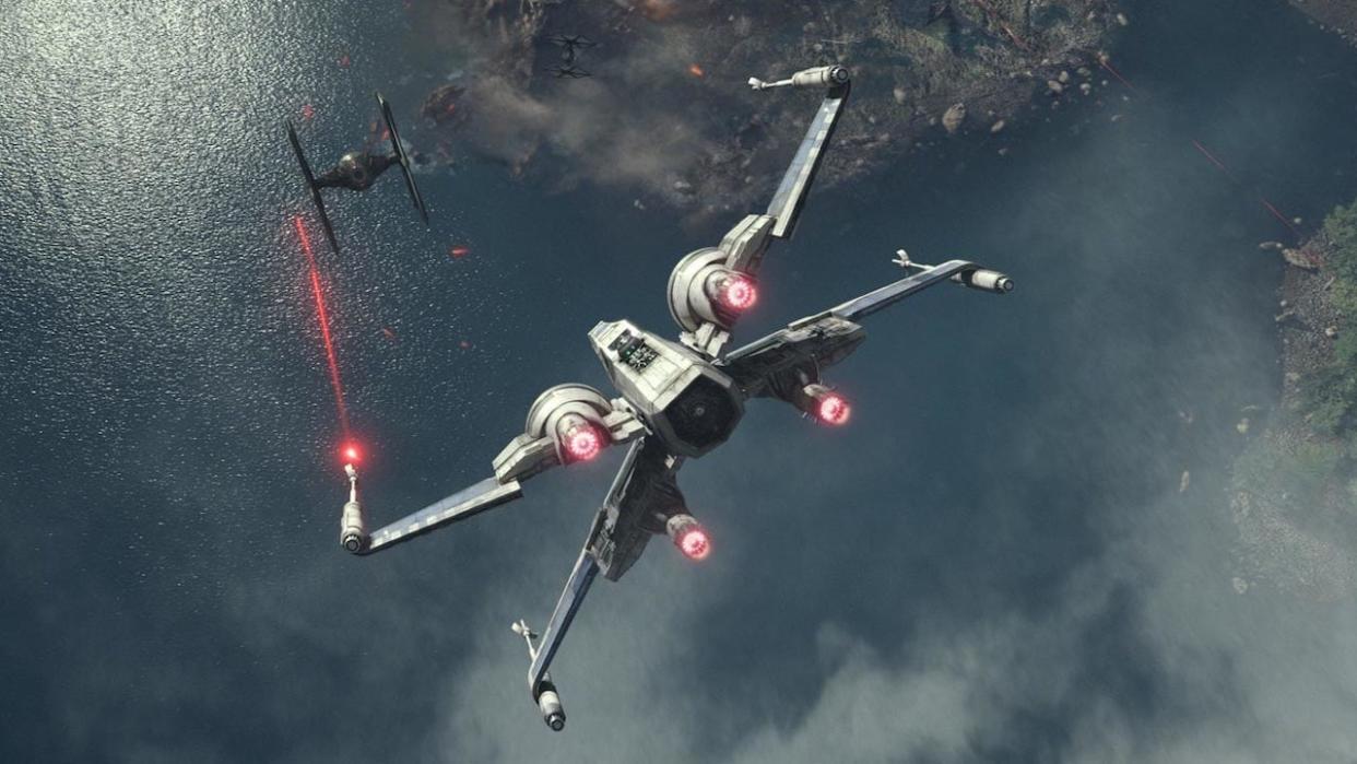  X-Wing shooting at TIE Fighter in Star Wars: The Force Awakens. 