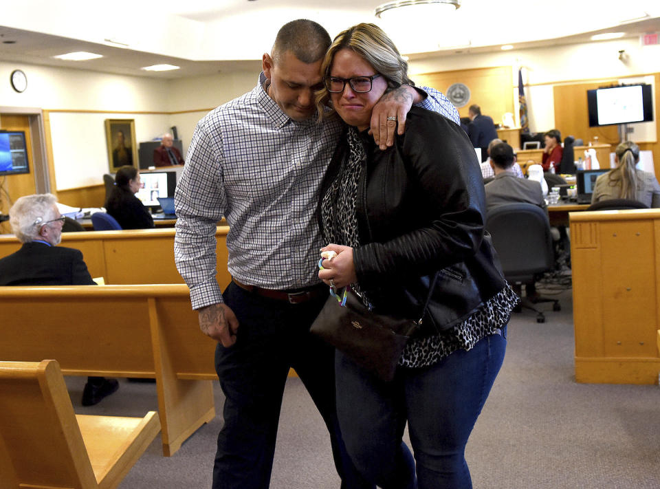 Michael Gilpatrick of Nashua, a former youth detention center resident, and his wife Kelly, leave the court in tears after he testified during a civil trial seeking to hold the state accountable for alleged abuse at the Sununu Youth Services Center, formerly called the Youth Development Center, Wednesday, April 17, 2024, at Rockingham County Superior Court in Brentwood, N.H. (David Lane/Union Leader via AP)