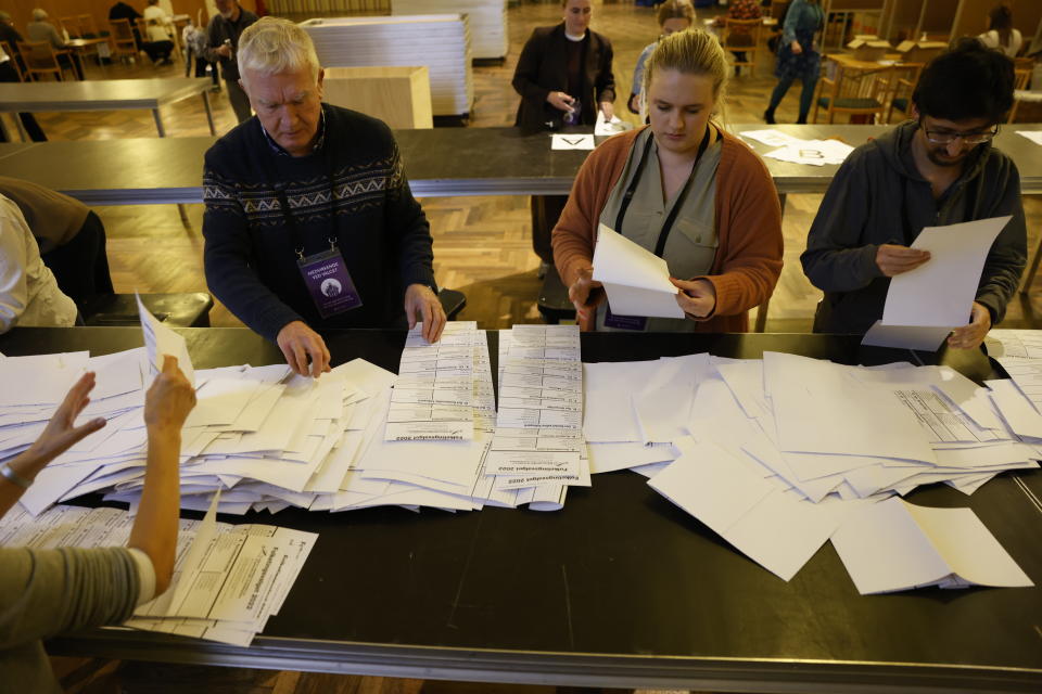 Votes are being counted at Aarhus Town Hall, Denmark, on Tuesday Nov. 1, 2022. Polling stations have opened across Denmark in elections expected to change the Scandinavian nation’s political landscape, with new parties hoping to enter parliament and others seeing their support dwindle. (Mikkel Berg Pedersen/Ritzau Scanpix via AP)