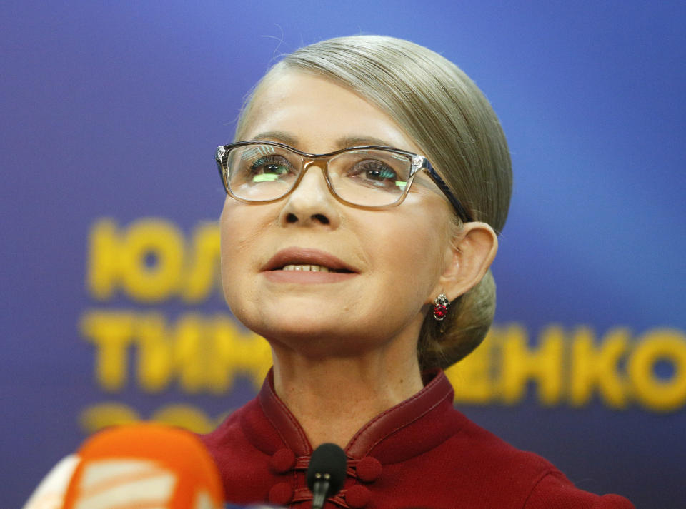 Former Ukrainian Prime Minister Yulia Tymoshenko speaks during her press conference in Kiev, Ukraine, Monday, April 2, 2019. Timoshenko has accused incumbent Ukrainian President Petro Poroshenko of vote rigging in the first round of the March 31 presidential election, but she is not planning to challenge the results.(AP Photo/Efrem Lukatsky)