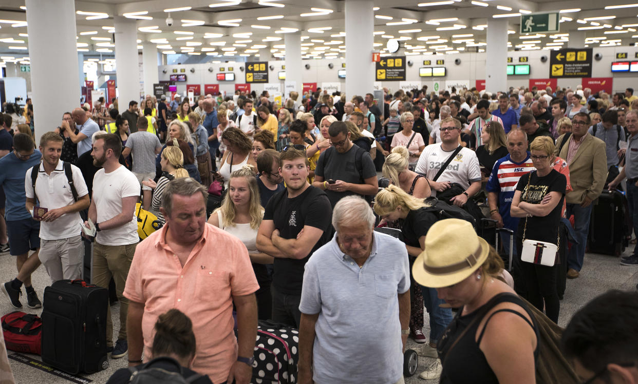 Passengers of British travel group Thomas Cook queue at Son Sant Joan airport in Palma de Mallorca on September 24, 2019. Photo: JAIME REINA/AFP/Getty Images