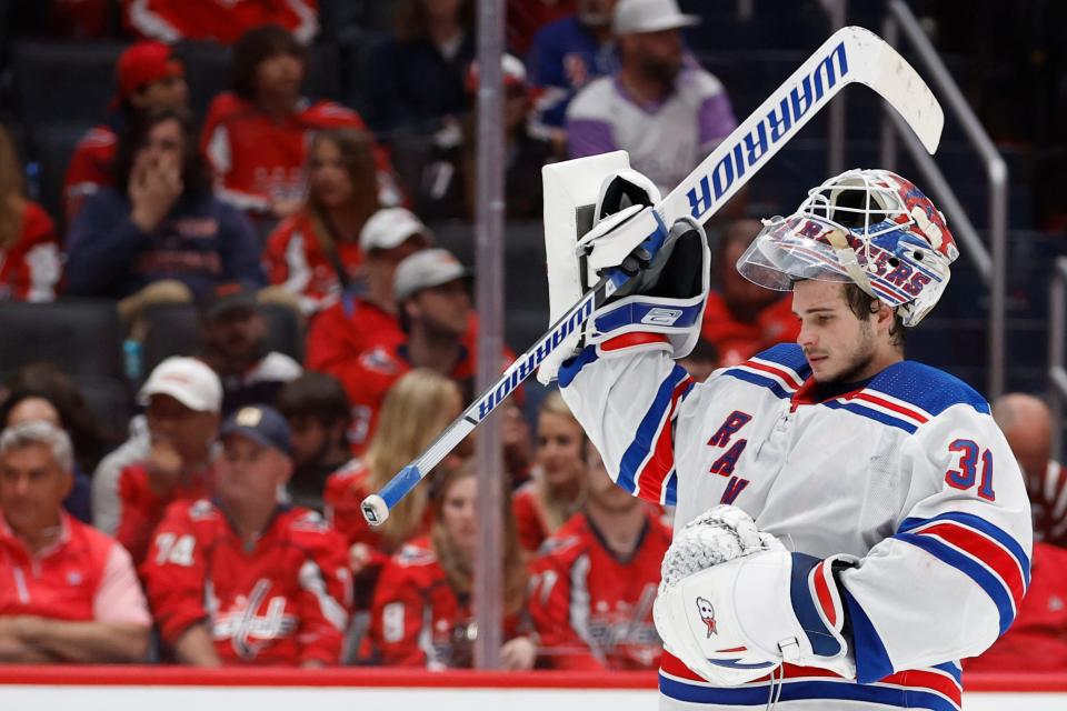 Apr 28, 2024; Washington, District of Columbia, USA; New York Rangers goaltender Igor Shesterkin (31) skates back to his goal during a timeout against the Washington Capitals in the third period in game four of the first round of the 2024 Stanley Cup Playoffs at Capital One Arena.