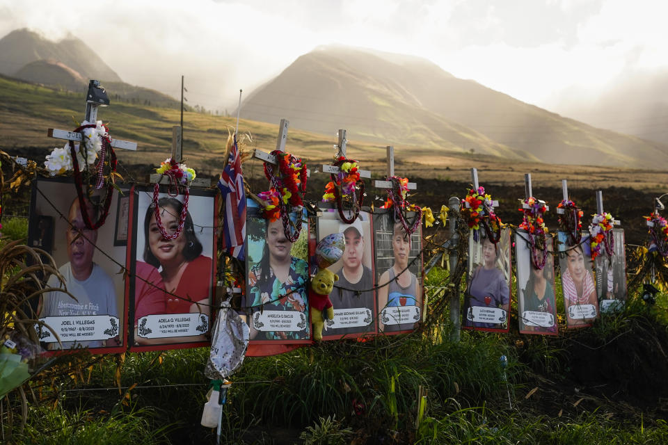 Photos of victims are seen placed under white crosses at a memorial for victims of the August wildfire above the Lahaina Bypass highway, Wednesday, Dec. 6, 2023, in Lahaina, Hawaii. The wildfire that tore through the heart of the Hawaii island of Maui this summer showed how older residents are at particular risk from disasters. Sixty of the 100 people killed in the Maui fire this summer were 65 or older. (AP Photo/Lindsey Wasson)