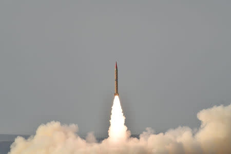 Shaheen II, surface-to-surface ballistic missile, according to Pakistan capable of delivering conventional and nuclear weapons at a range of up to 1500 miles, during a training launch in this handout photo released by Inter Services Public Relations (ISPR) on May 23, 2019. Inter Services Public Relations (ISPR)/Handout via REUTERS