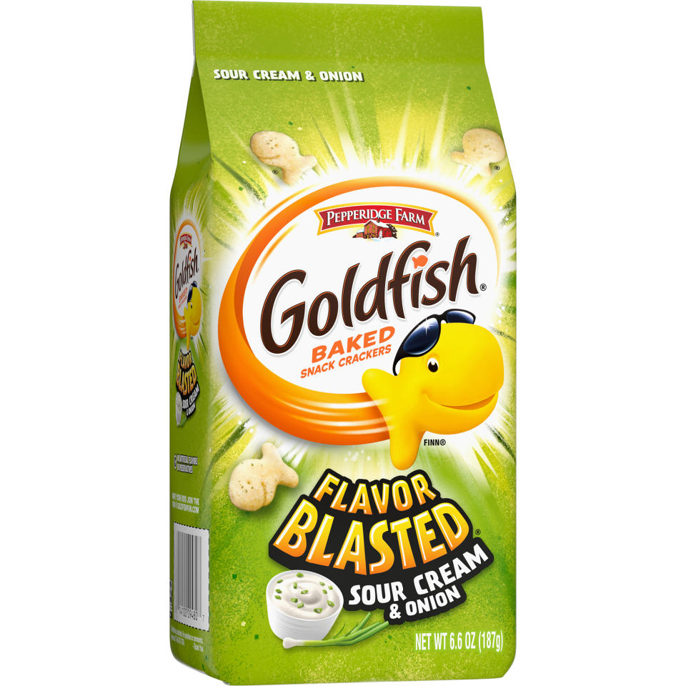 Flavor Blasted Goldfish have a salty powdered coating and come in several tangy and cheesy flavors. (Campbell's)