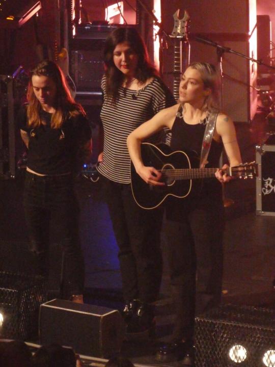 Julien Baker, Lucy Dacus and Phoebe Bridgers on stage at the Fox Pomona at the close of their 2023 tour opening (Chris Willman/Variety)