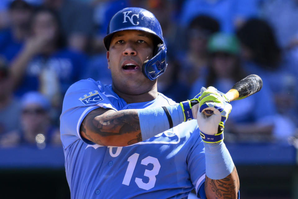 Kansas City Royals' Salvador Perez strikes out against the New York Yankees during the first inning of a baseball game, Sunday, Oct. 1, 2023, in Kansas City, Mo. (AP Photo/Reed Hoffmann)