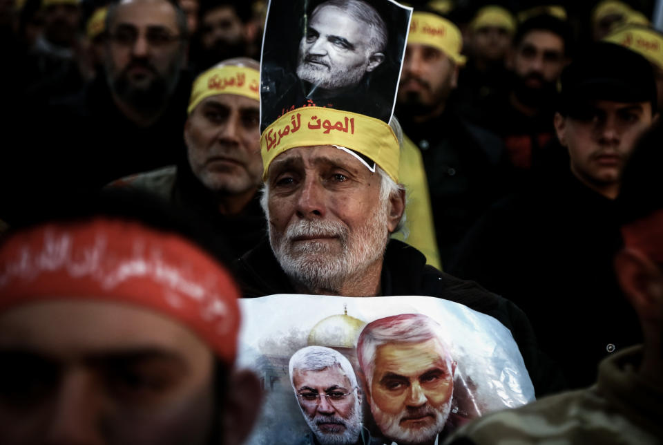 05 January 2020, Lebanon, Beirut: A supporter of Lebanon's Iran-allied Hezbollah movement, cries as he attends a mass rally and a televised speech by Hezbollah Secretary-General Hassan Nasrallah, in tribute to Qassem Soleimani, commander of the elite Quds Force of the Iranian Revolutionary Guard, and Abu Mahdi al-Muhandis, the deputy head of the predominantly Shia Muslim Popular Mobilization Forces (PMF), who were killed in a US airstrike in Baghdad. Photo: Marwan Naamani/dpa (Photo by Marwan Naamani/picture alliance via Getty Images)