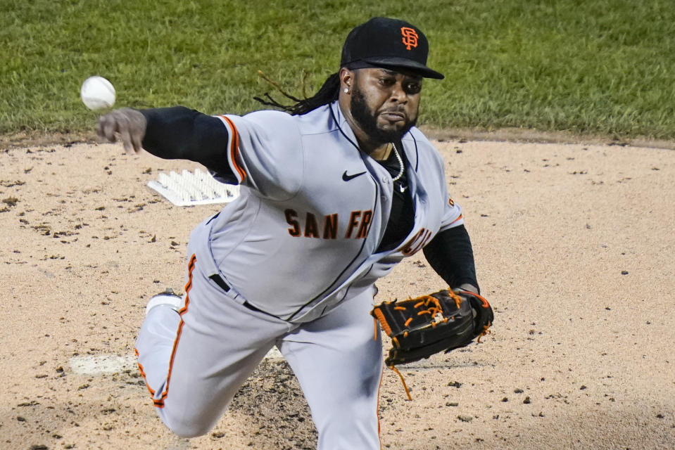 San Francisco Giants' Johnny Cueto delivers a pitch during the second inning of the team's baseball game against the New York Mets on Wednesday, Aug. 25, 2021, in New York. (AP Photo/Frank Franklin II)