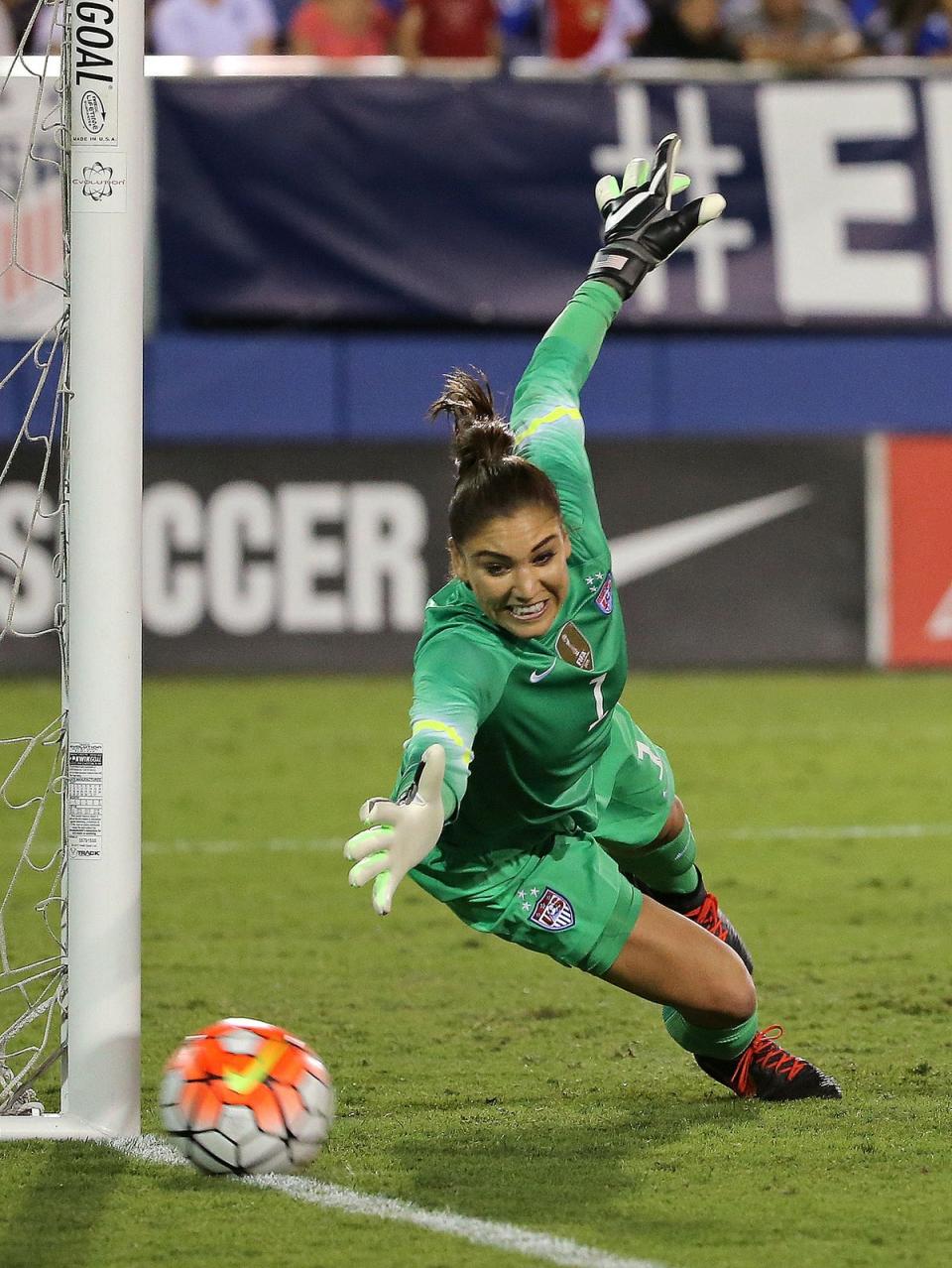 Hope Solo #1 of the United States makes a save during a match against Germany in the 2016 SheBelieves Cup at FAU Stadium on March 9, 2016 in Boca Raton, Florida (Getty Images)