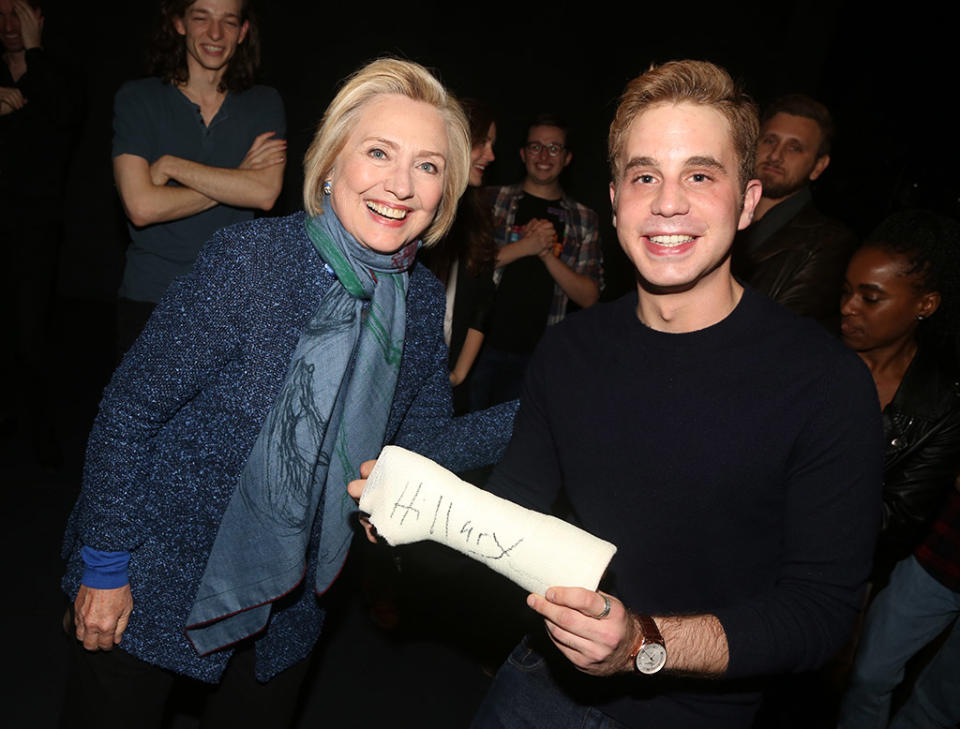 <p>The former presidential candidate put her John Hancock on Platt’s character’s infamous cast while backstage at <em>Dear Evan Hansen</em> on Broadway on Wednesday night. The actor’s Tony-winning run is coming to an end; he’s set to exit the role on Sunday. (Photo: Bruce Glikas/Bruce Glikas/FilmMagic) </p>