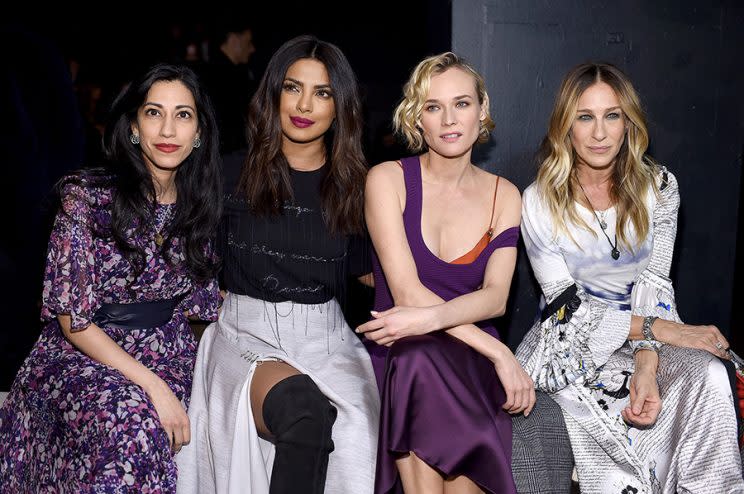 From left, Huma Abedin, Priyanka Chopra, Diane Kruger, and Sarah Jessica Parker attend the Prabal Gurung show. (Photo: Getty Images)