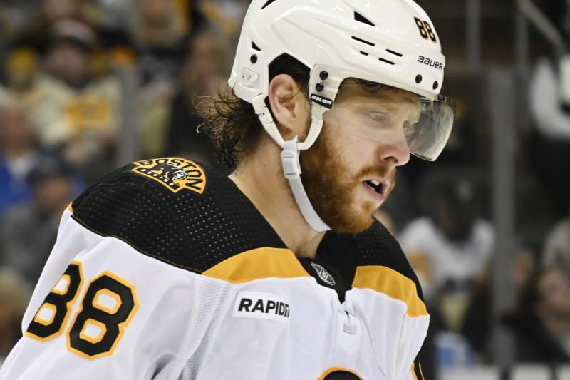 Boston Bruins forward David Pastrnak scored in the first period of a 3-2 loss to the Florida Panthers in Game 4 of their Eastern Conference semifinal series Sunday in Boston. File Photo by Archie Carpenter/UPI