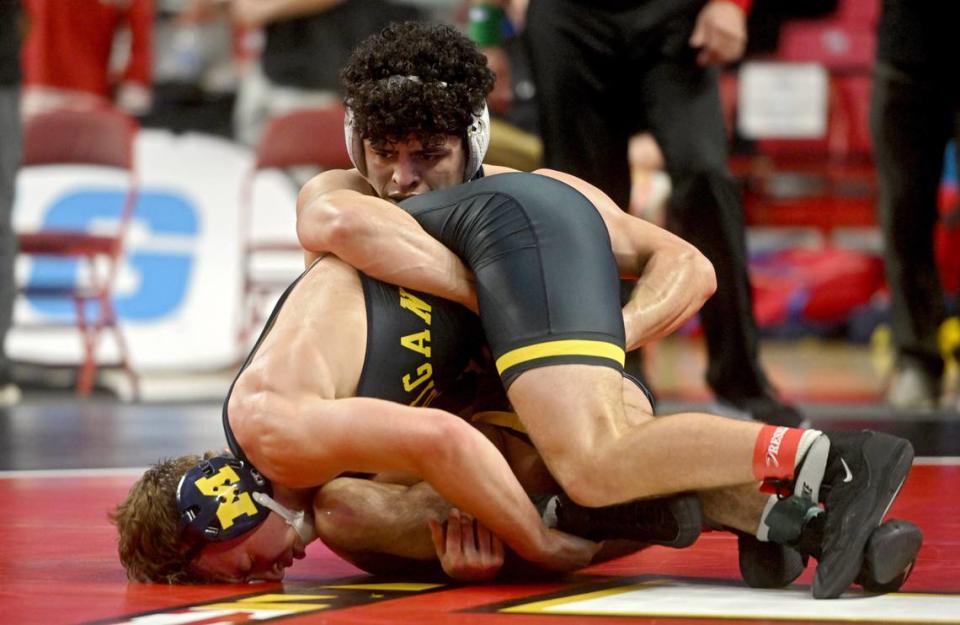 Penn State’s Beau Bartlett controls Michigan’s Sergio Lemely in a 141 lb semifinal bout of the Big Ten Wresting Championships at the Xfinity Center at the University of Maryland on Saturday, March 9, 2024. Abby Drey/adrey@centredaily.com