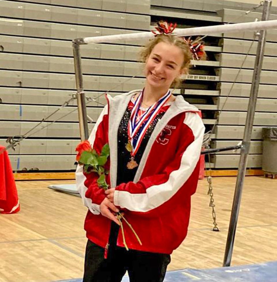 Coldwater's Charlotte Calhoun continues to impress, taking first place in what many consider a pre-state meet on the Uneven Bars.