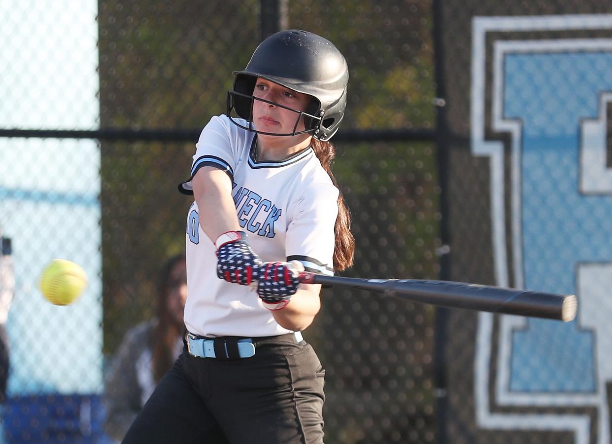 Charlotte Picone connects for a hit in Rye Neck's win over Westlake at Rye Neck High School on April 26, 2024. The victory gave long time Rye Neck softball coach Joan Spedafino her 600th career win.