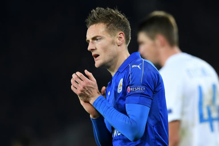 Leicester City's English striker Jamie Vardy is completing his three-game suspension