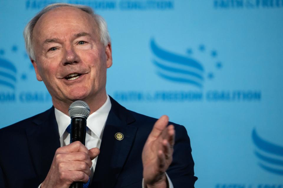 Former Arkansas Gov. Asa Hutchinson speaks to the crowd at the Iowa Faith & Freedom Coalition's annual spring kickoff, on Saturday, April 22, 2023, in Clive, Iowa.