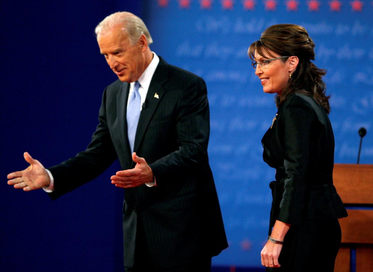 Then Senator Joe Biden and Republican vice presidential nominee Alaska Governor Sarah Palin during the 2008 vice presidential debates.  (REUTERS)