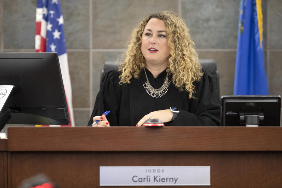Judge Carli Kierny sets a trial date for Duane "Keffe D" Davis in Clark County District Court Tuesday, Nov. 7, 2023, in Las Vegas. Davis was arrested in September and has pleaded not guilty to murder in the 1996 killing of rapper Tupac Shakur. (Steve Marcus/Las Vegas Sun via AP, Pool)