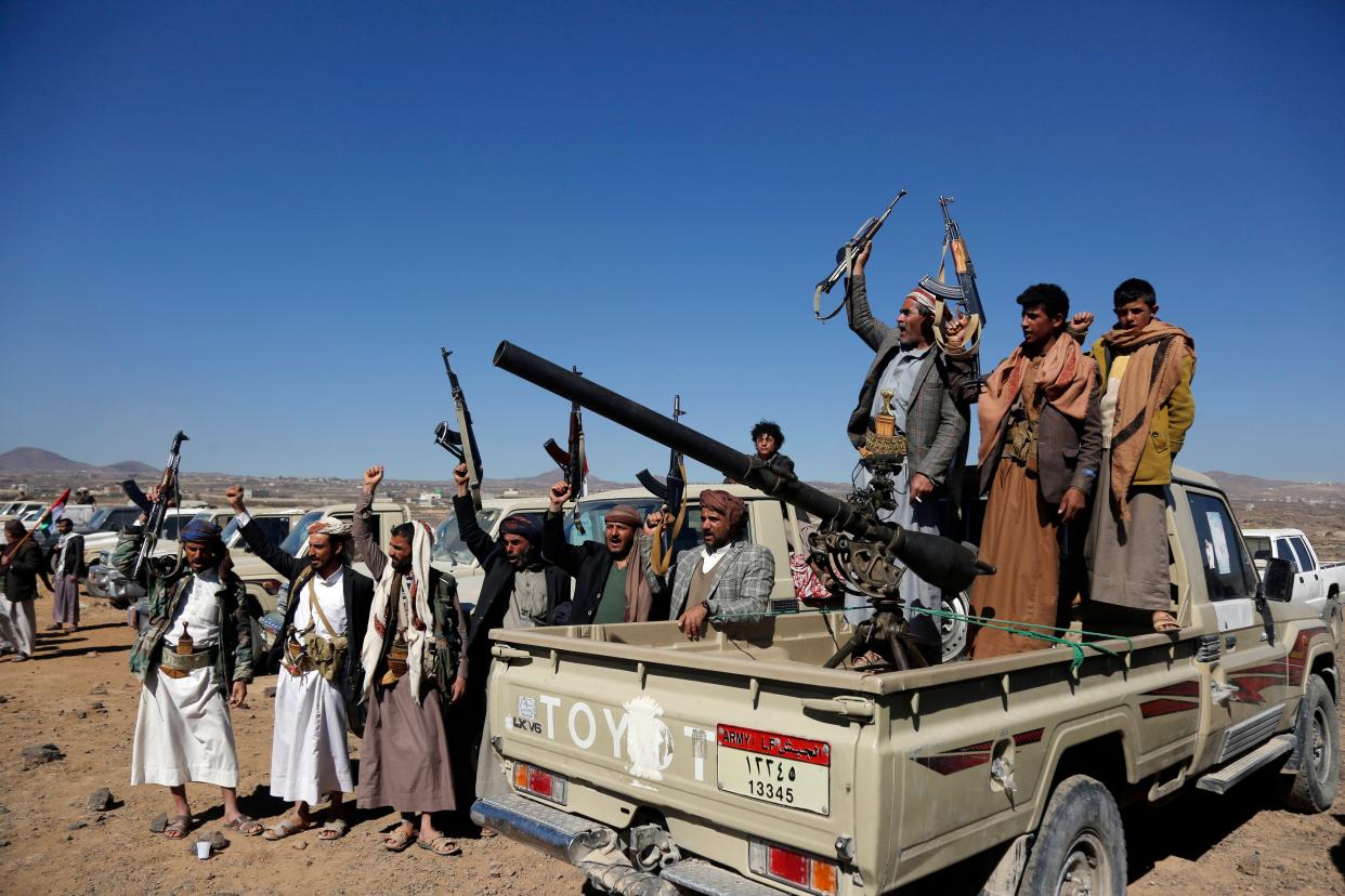 File photo: Houthi fighters and tribesmen stage a rally against the US and the UK strikes on Houthi-run military sites (Copyright 2024 The Associated Press. All rights reserved.)