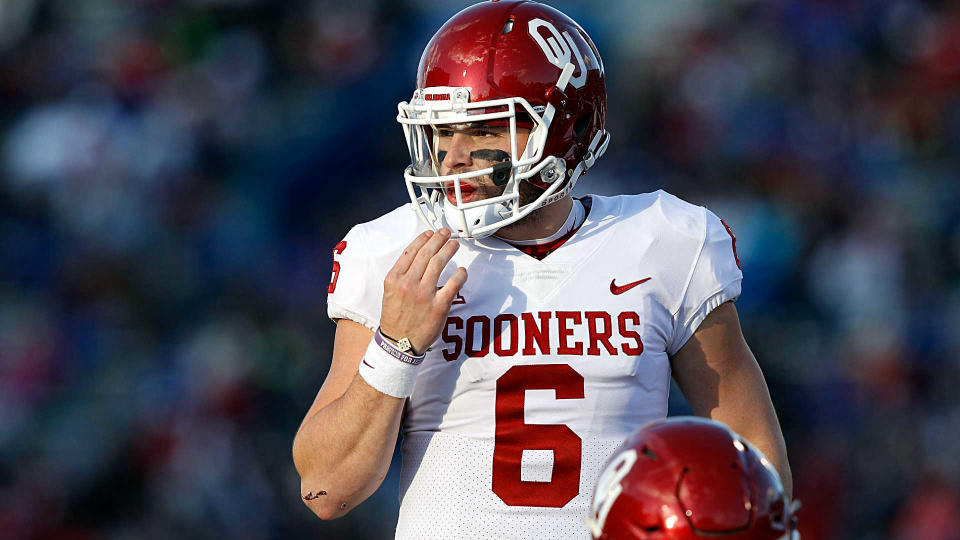 Baker Mayfield’s antics at Kansas were harmless, but viewer discretion is advised as the Sooners continue their College Football Playoff push. (Getty)