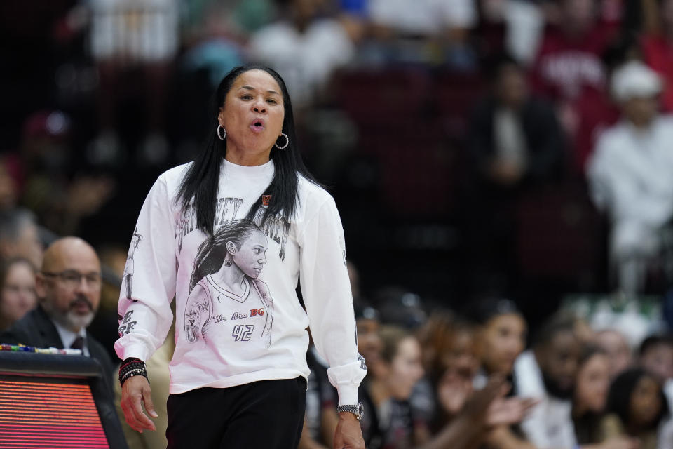 South Carolina head coach Dawn Staley watches during the first half of an NCAA college basketball game against Stanford in Stanford, Calif., Sunday, Nov. 20, 2022. (AP Photo/Godofredo A. Vásquez)