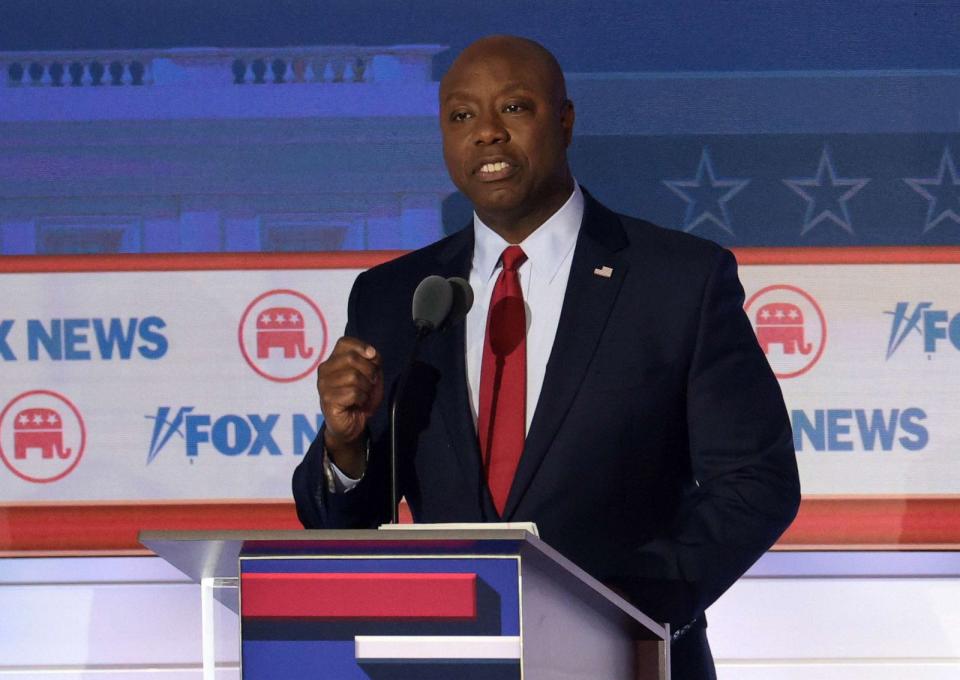 PHOTO: FILE - Republican presidential candidate, Sen. Tim Scott speaks during the first debate of the GOP primary season hosted by FOX News at the Fiserv Forum, Aug. 23, 2023 in Milwaukee. (Win Mcnamee/Getty Images, FILE)