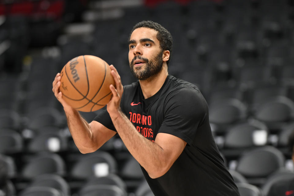 PORTLAND, OREGON - MARCH 09: Jontay Porter #34 of the Toronto Raptors warms up before the game against the Portland Trail Blazers at the Moda Center on March 09, 2024 in Portland, Oregon. NOTE TO USER: User expressly acknowledges and agrees that, by downloading and or using this photograph, User is consenting to the terms and conditions of the Getty Images License Agreement. (Photo by Alika Jenner/Getty Images)