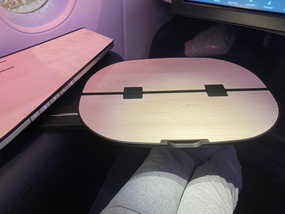 Table in Finnair business class seat on flight to Bangkok freelancer photo