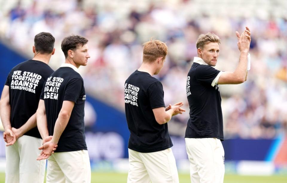 England captain Joe Root (pictured, right, campaigning against discrimination) says the pain of former team-mate Azeem Rafiq is ‘hard to see’ (Mike Egerton/PA Images). (PA Wire)