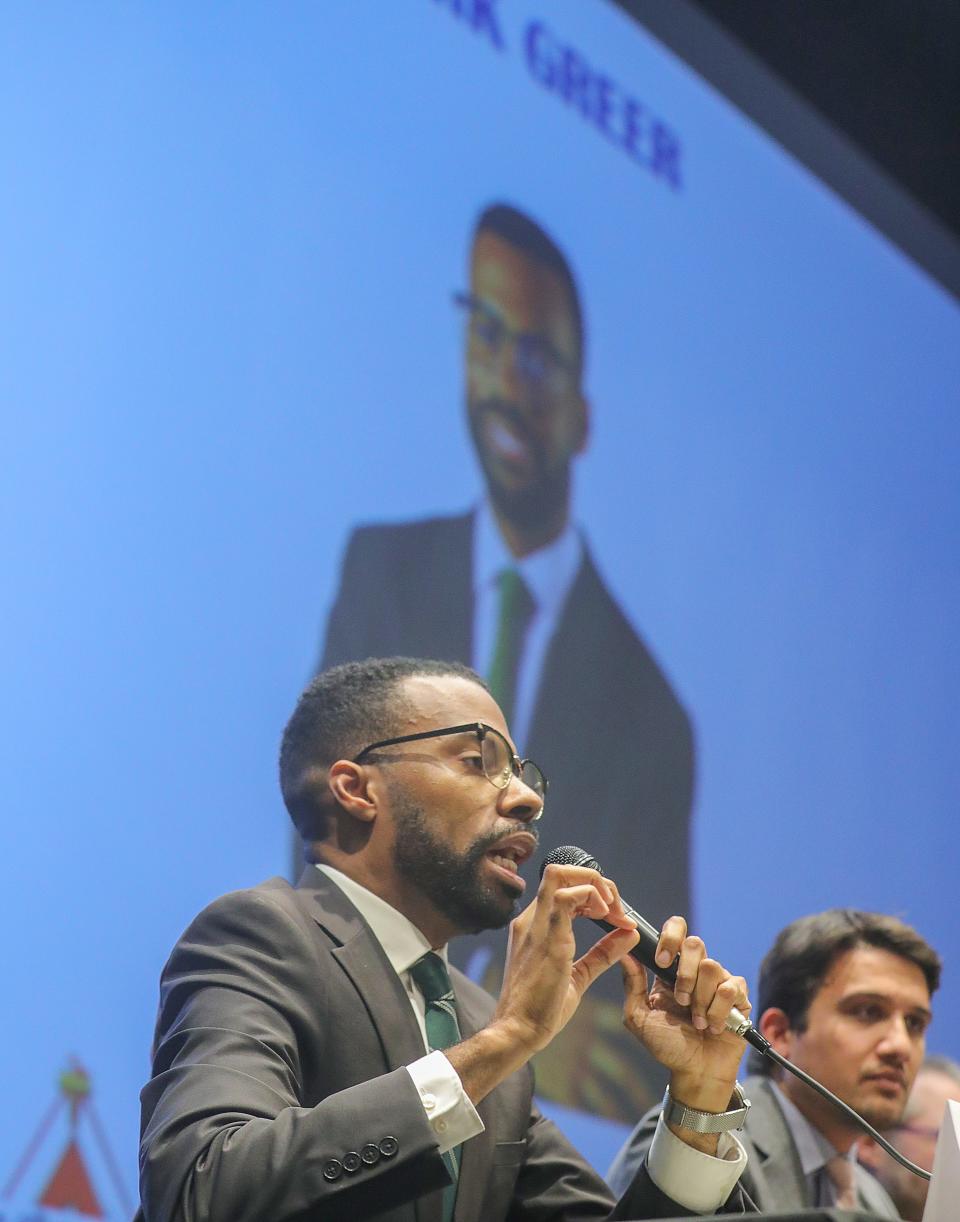 Mayoral candidate Mark Greer answers a question during the Social Justice Mayoral Forum on Thursday at Garfield Community Learning Center.