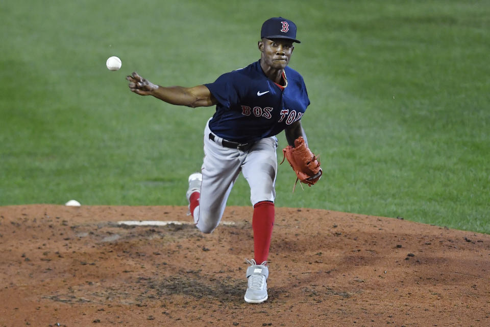 Boston Red Sox relief pitcher Phillips Valdez throws against the Toronto Blue Jays during the fifth inning of a baseball game in Buffalo, N.Y., Tuesday, Aug. 25, 2020. (AP Photo/Adrian Kraus)