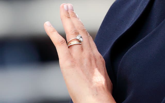 LONDON, UNITED KINGDOM – JUNE 08: (EMBARGOED FOR PUBLICATION IN UK NEWSPAPERS UNTIL 24 HOURS AFTER CREATE DATE AND TIME) Meghan, Duchess of Sussex (ring detail) travels down The Mall in a horse drawn carriage during Trooping The Colour, the Queen’s annual birthday parade, on June 8, 2019 in London, England. The annual ceremony involving over 1400 guardsmen and cavalry, is believed to have first been performed during the reign of King Charles II. The parade marks the official birthday of the Sovereign, although the Queen’s actual birthday is on April 21st. (Photo by Max Mumby/Indigo/Getty Images)