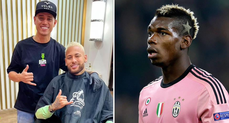 Neymar poses with his hairdresser (left) and Paul Pogba in a pink Juventus jersey (right)