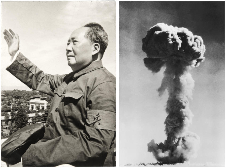 Chairman Mao Zedong, founder of the People's Republic of China in 1963; and, the explosion of the first Chinese atomic bomb, on October 16, 1964. (Photos: Keystone-France/Gamma-Keystone via Getty Images, Universal History Archive/UIG via Getty Images)