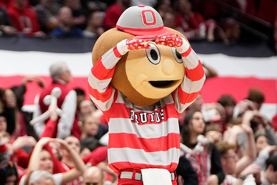 Jan 10, 2024; Columbus, Ohio, USA; Ohio State Buckeyes mascot, Brutus, cheers during the second half of the NCAA men’s basketball game against the Wisconsin Badgers at Value City Arena. Ohio State lost 71-60.