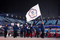 <p>Flag bearer Te-An Lien of Chinese Taipei and teammates enter the stadium during the Opening Ceremony of the PyeongChang 2018 Winter Olympic Games at PyeongChang Olympic Stadium on February 9, 2018 in Pyeongchang-gun, South Korea. (Photo by Matthias Hangst/Getty Images) </p>