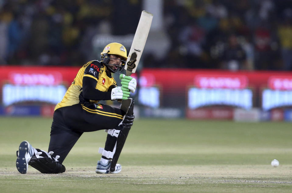 Peshawar Zalmi batsman Umar Amin bats during the final cricket match of Pakistan Super League against Quetta Gladiator at National stadium in Karachi, Pakistan, Sunday, March 17, 2019. (AP Photo/Fareed Khan)