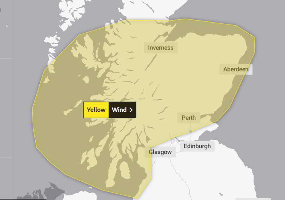 A yellow weather warning has been issued across most of Scotland until 1pm on Wednesday (Met Office)