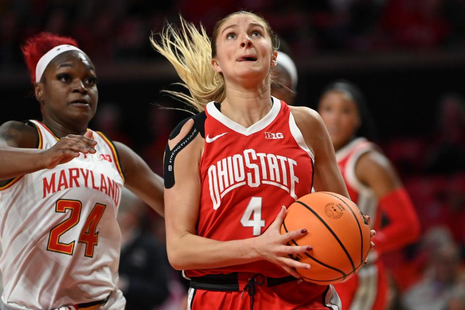 Ohio State guard Jacy Sheldon makes a move to the basket during the Buckeyes' 84-76 win over Maryland.