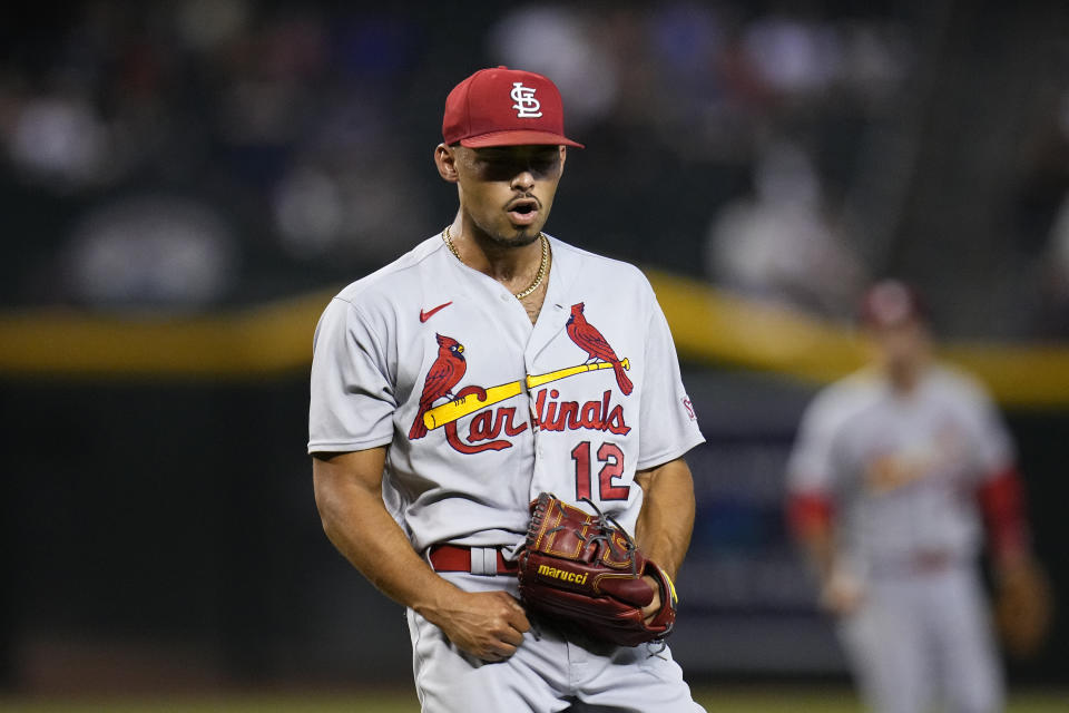 St. Louis Cardinals relief pitcher Jordan Hicks celebrates the final out against the Arizona Diamondbacks during the ninth inning of a baseball game Monday, July 24, 2023, in Phoenix. The Cardinals won 10-6. (AP Photo/Ross D. Franklin)