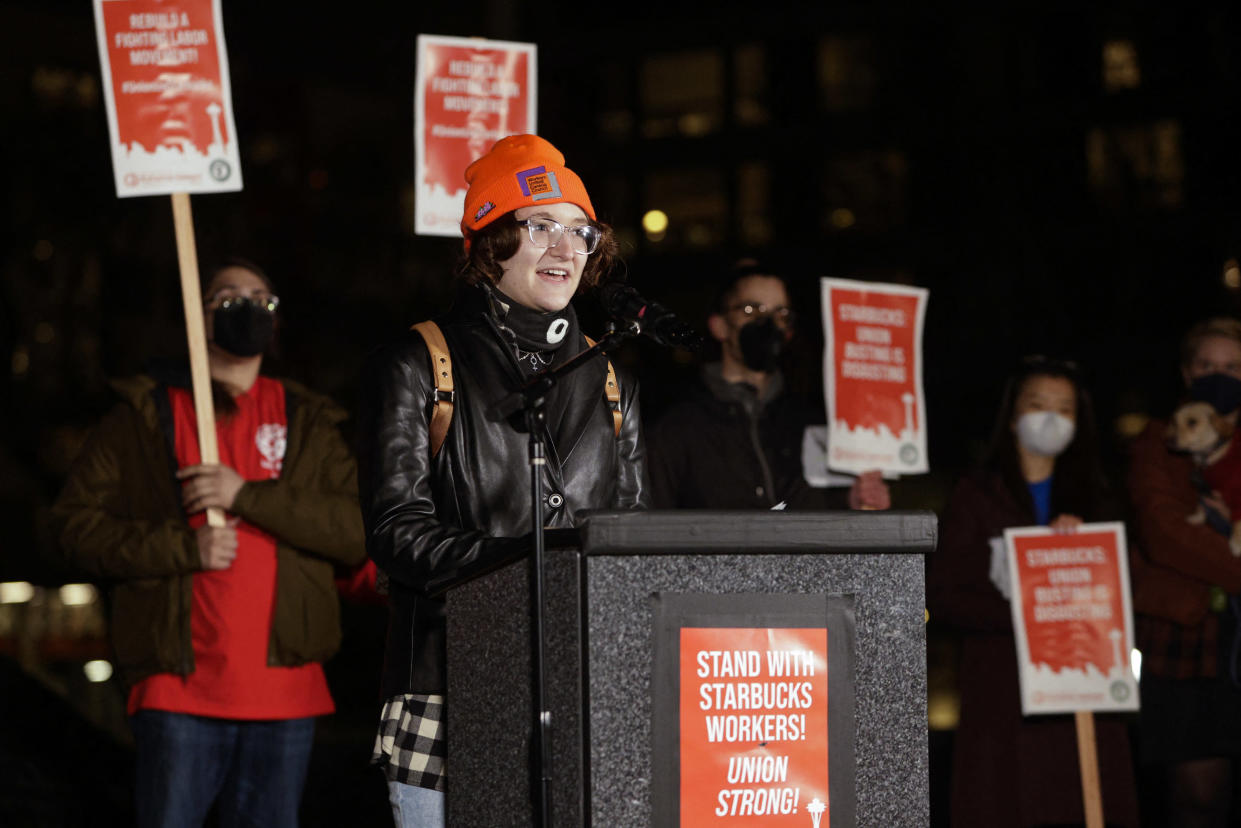 Starbucks Barista Gianna Reeve, part of the organizing committee in Buffalo, New York, speaks in support of workers at Seattle Starbucks locations that announced plans to unionize, during a rally at Cal Anderson Park in Seattle, Washington on January 25, 2022. - They are joining a third Seattle Starbucks location that announced plans to unionize last month. (Photo by Jason Redmond / AFP) (Photo by JASON REDMOND/AFP via .)