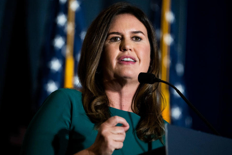 Sarah Huckabee Sanders, a former Trump White House press secretary, addresses the America First Policy Institute's America First Agenda Summit at the Marriott Marquis on July 26, 2022. / Credit: Tom Williams/CQ-Roll Call, Inc via Getty Images