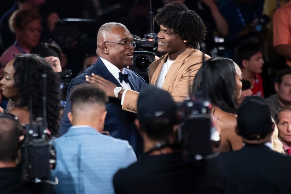 Jarace Walker greets his dad, Horace Walker, after being selected eighth overall in the 2023 NBA Draft at Barclays Center on Thursday, June 22, 2023, in Brooklyn, New York.