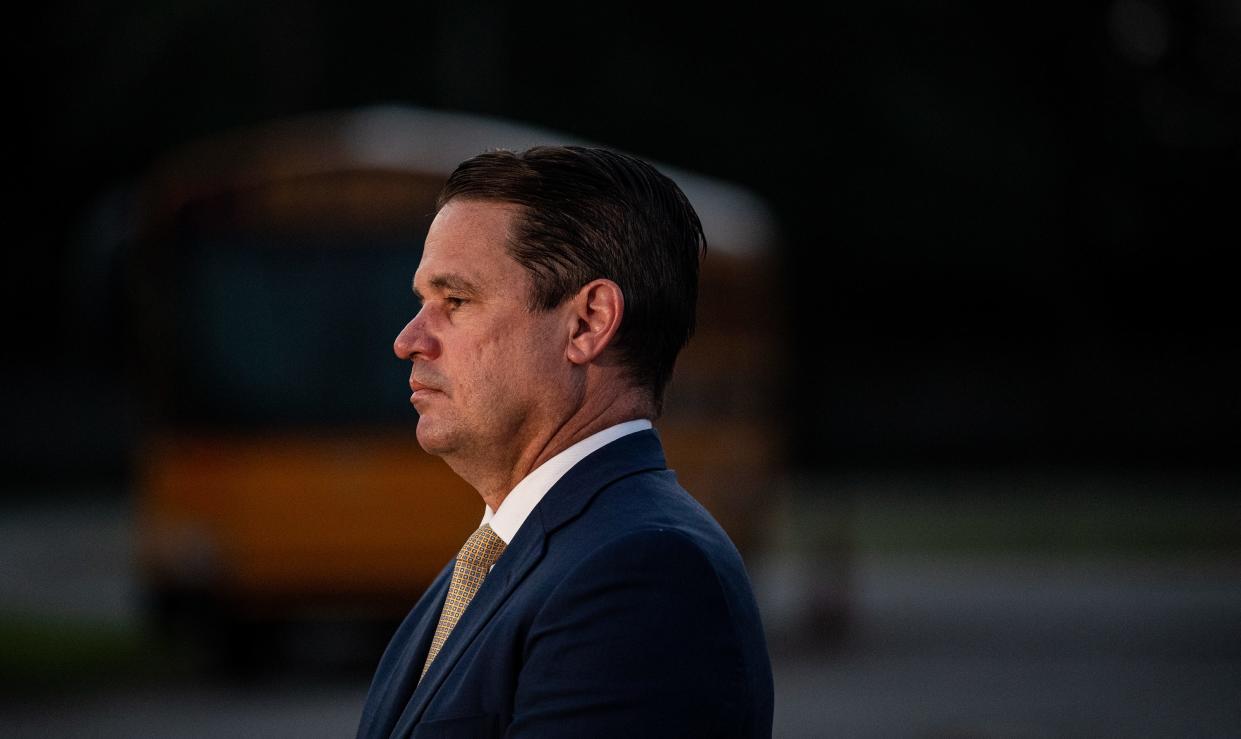 JCPS Superintendent Marty Pollio waited at the Detrick Bus Compound on the first day of school on Wednesday, Aug. 9, 2023