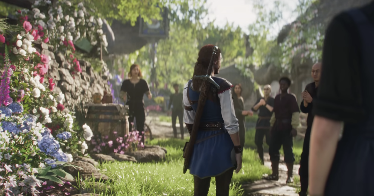  a screenshot of a female hero in Fable 4 surrounded by people 