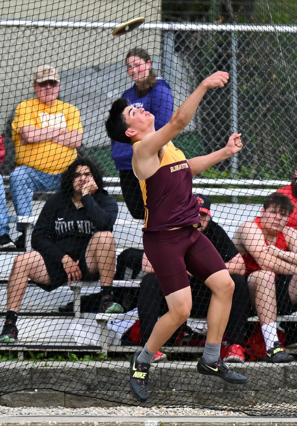 Bloomington North’s Adis Hamidovic competes in the discus during the Conference Indiana track meet at Bloomington North on Friday, April 26, 2024.